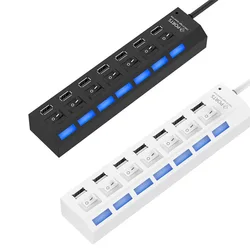 USB 2.0 Hub 7 Port Multi Ports USB A 7in1 Data Splitter With Independent On/Off Switch LED Lights For Laptop PC Computer Mobile