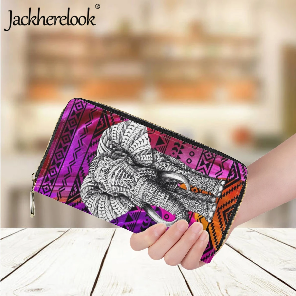 

Jackherelook Fashion Women Wallet Polynesian Style Elephant Print Design Luxury Leather Long Money Bag Ladies Purse Card Holder