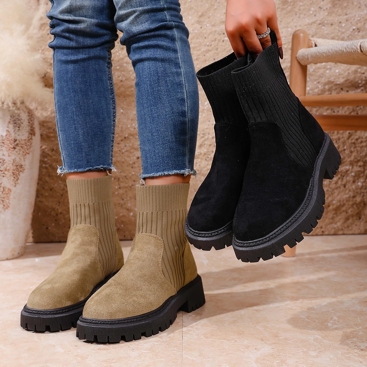 

Winter Fashion Women Comfortable Anti-slip Boots 2025 Autumn High Heels Baotou Platform Shoes Women Knitted Sexy Ankle Boots