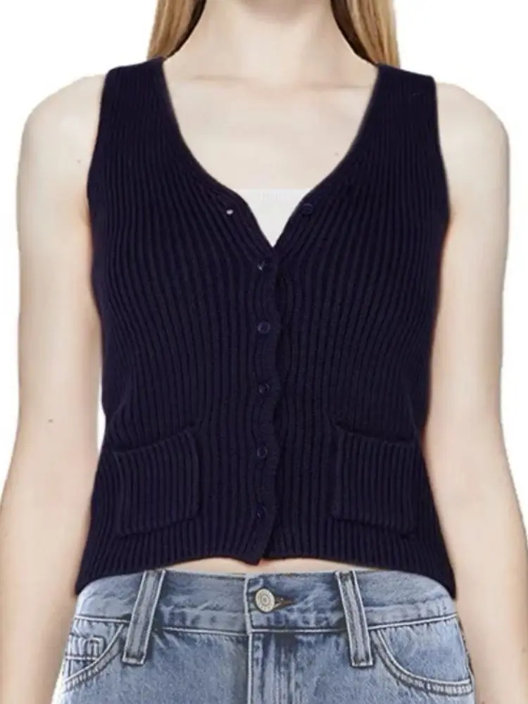 BM style American Retro Single-breasted V-neck Vest 2024 All kinds Of Brandy With The Same Thread Knit Button Vest