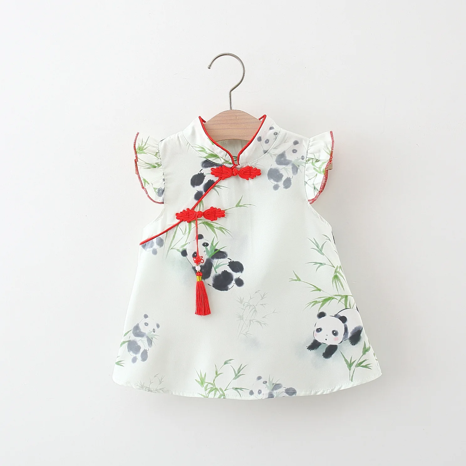 Chinese Style Girls\' Dress Summer Baby Girl Cartoon Panda Bamboo Print Small Flying Sleeves Buckle Tassel Cheongsam Dress