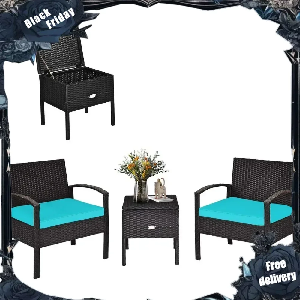 

Patio Wicker Conversation Set, Outdoor Rattan Furniture with Washable Thick Cushion & Coffee Table w/Storage Space, Patio Furnit