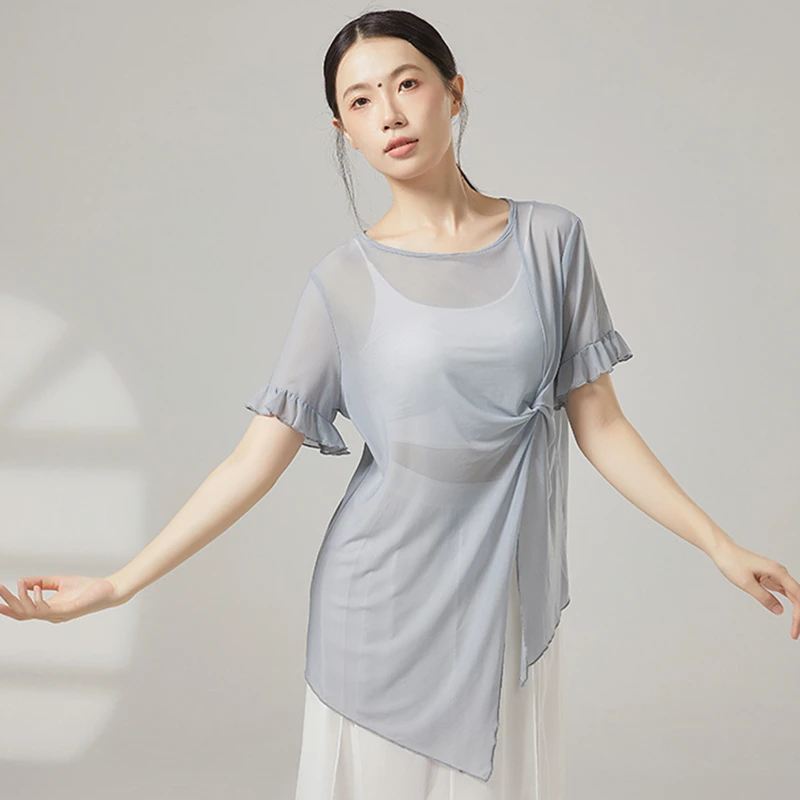 Classical Dance Gauze Tops Women Short Sleeve Sheer Shirts See Through Irregular Blouse Twist Knot Waist Yoga Training Clothes