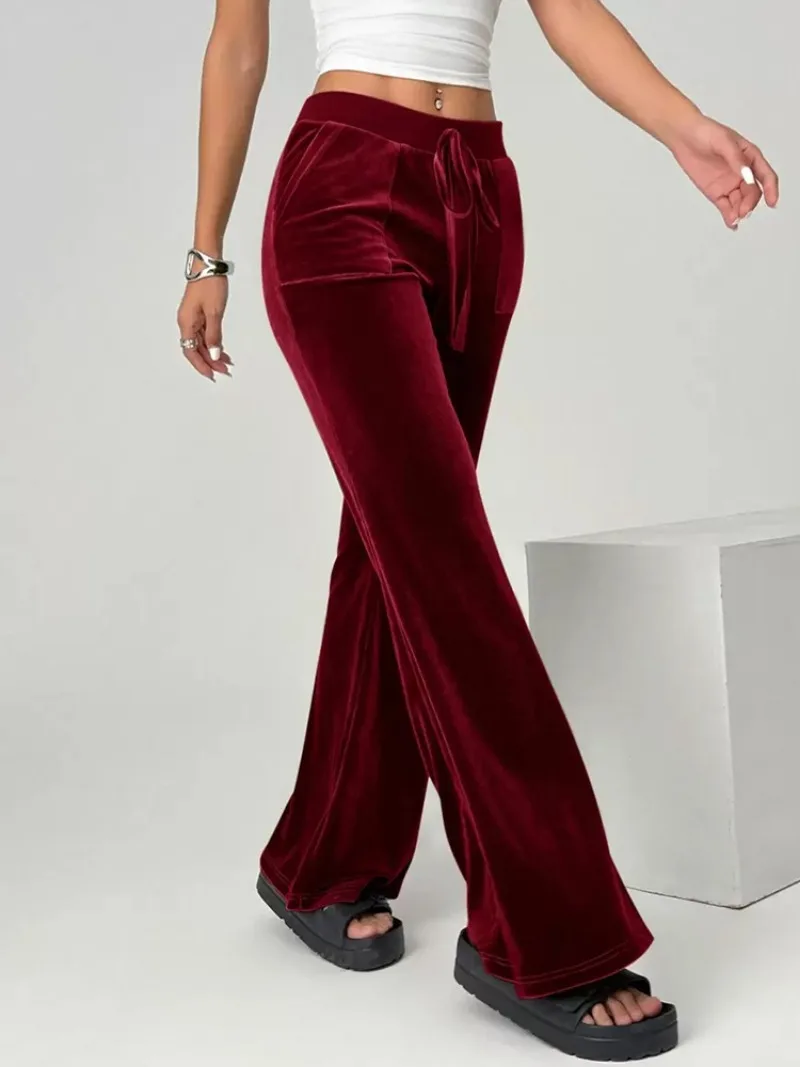 Women Baggy Velour High Waisted Comfy Flare Pant Soft Elastic Waist  Wide Leg Trousers