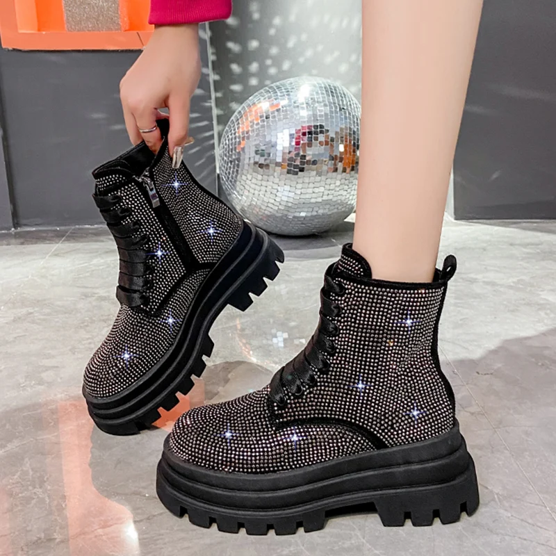 Crystal Flats Platform Ankle Boots Women Shoes Dress Fashion New 2024 Winter Casual Women Shoes Comort Warm Chaussures Femme