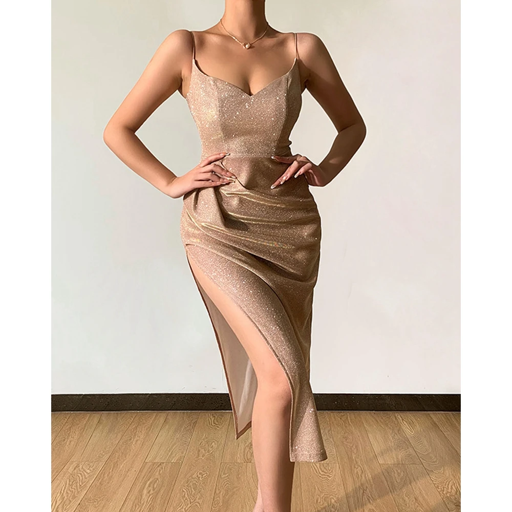 

2024 Summer Women Fashion Spaghetti Strap Midi Evening Dress Ruched High Split Sexy Elegant Sequin Gown Elegant Luxury Dress