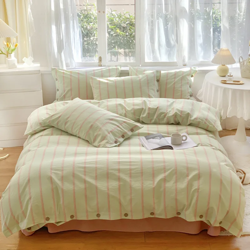 Spring and Summer New All Cotton Yarn Dyed Washed Cotton Four Piece Set with Pure Cotton Button Striped Quilt Cover