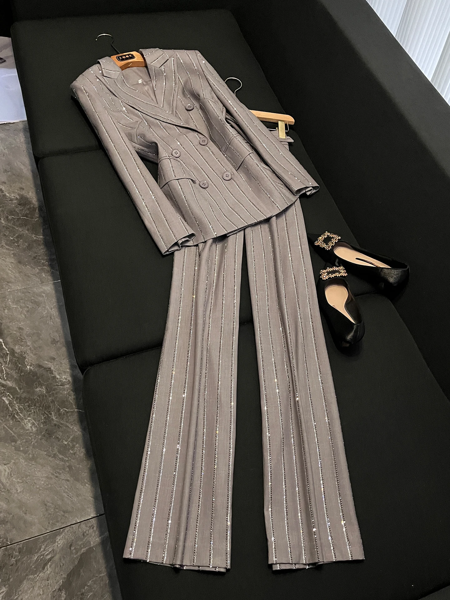 

Ele ey Striped Women's Suiting Pants Set with Heavy Embelliment Double Breasted Two-Piece Set for Older Women