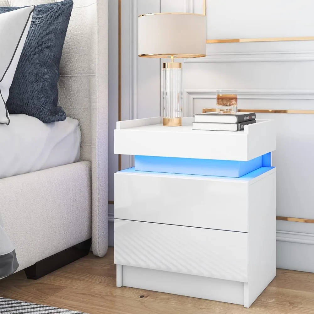 Modern LED Nightstand Set - 2 Drawers High Gloss White Bedside Table with Smart Tabletop Lighting, Contemporary Nightstands for