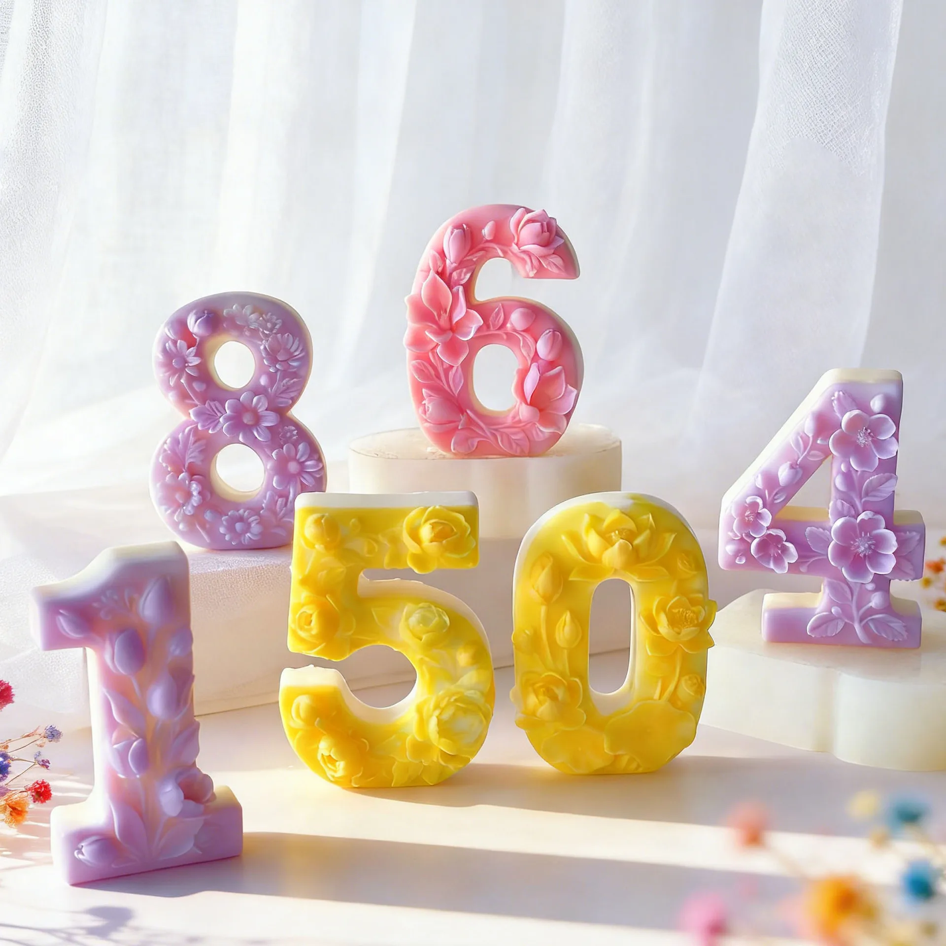 Molde de silicona 3D con forma de flor y número, molde flexible para decoración de pasteles de cumpleaños, para hacer velas aromáticas artesanales