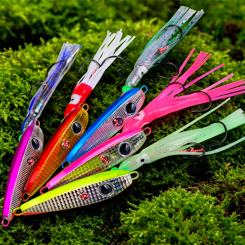 PROBEROS Sea Fishing Tuna Fake Lures 2pc Luminous Squid Skirt Double Hook Fish Bait 60-200g Deep Sea Slow Shake Iron Plate Bait