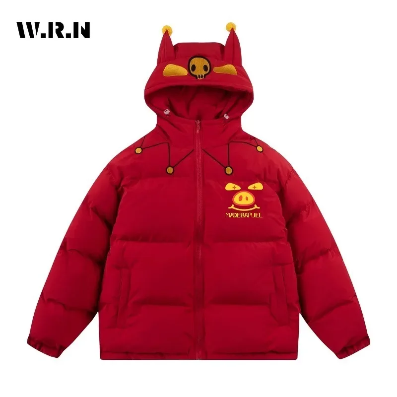 2024 Winter Koreanische Casual Y2K Einzelnen Parkas Drucken Zipper Jacke mit Hörnern Für Frauen Oberbekleidung Mode Warme Starke Mit Kapuze Mantel