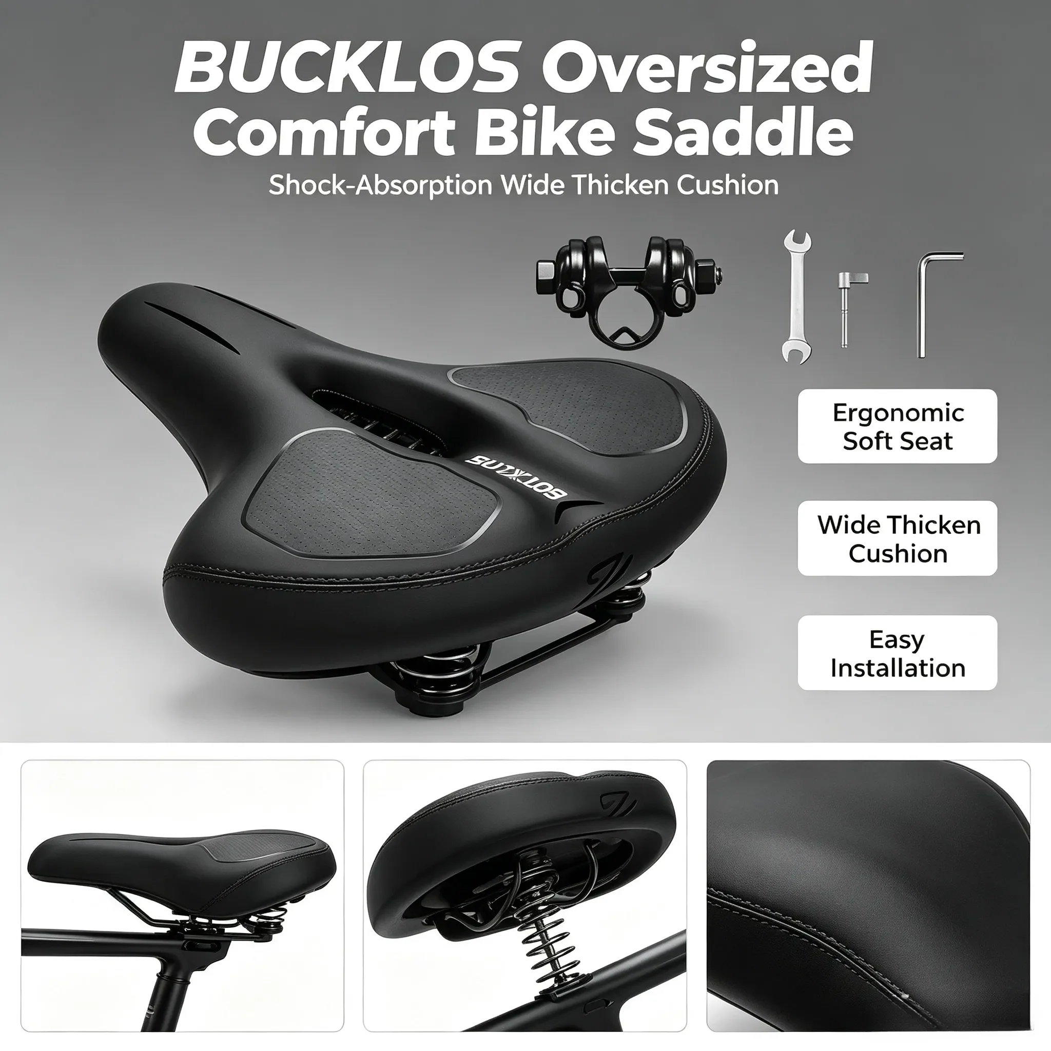 BUCKLOS Oversized Comfort Bike Saddle, Shock-Absorption Wide Thicken Cushion, Ergonomic Soft Seat for Cycling – Compatible with