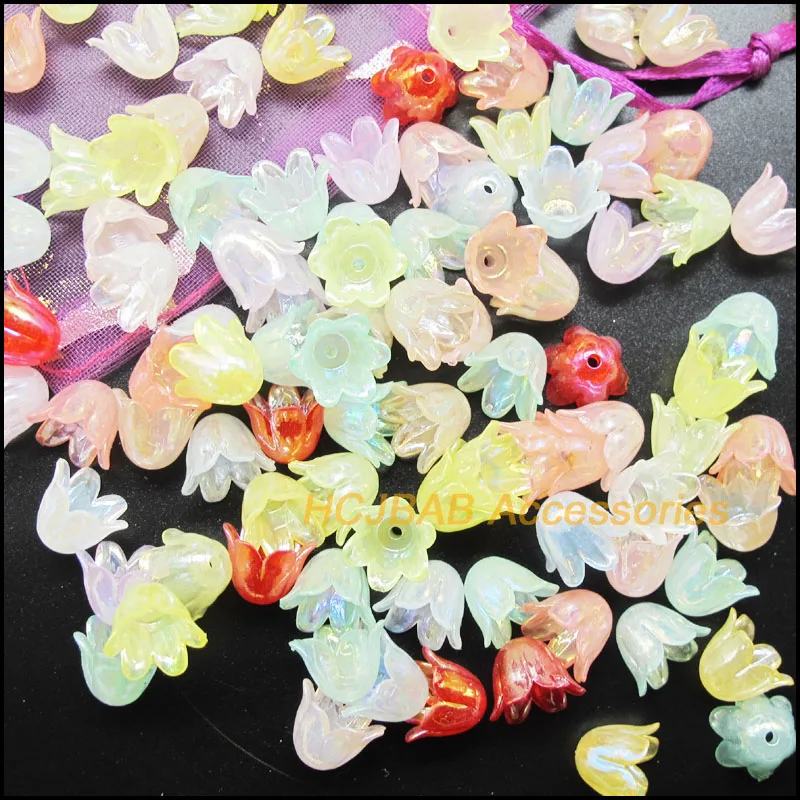 120 New Orchid Plastic Charms Flower Bell Acrylic Spacer Beads Jelly Mixed 9x11mm