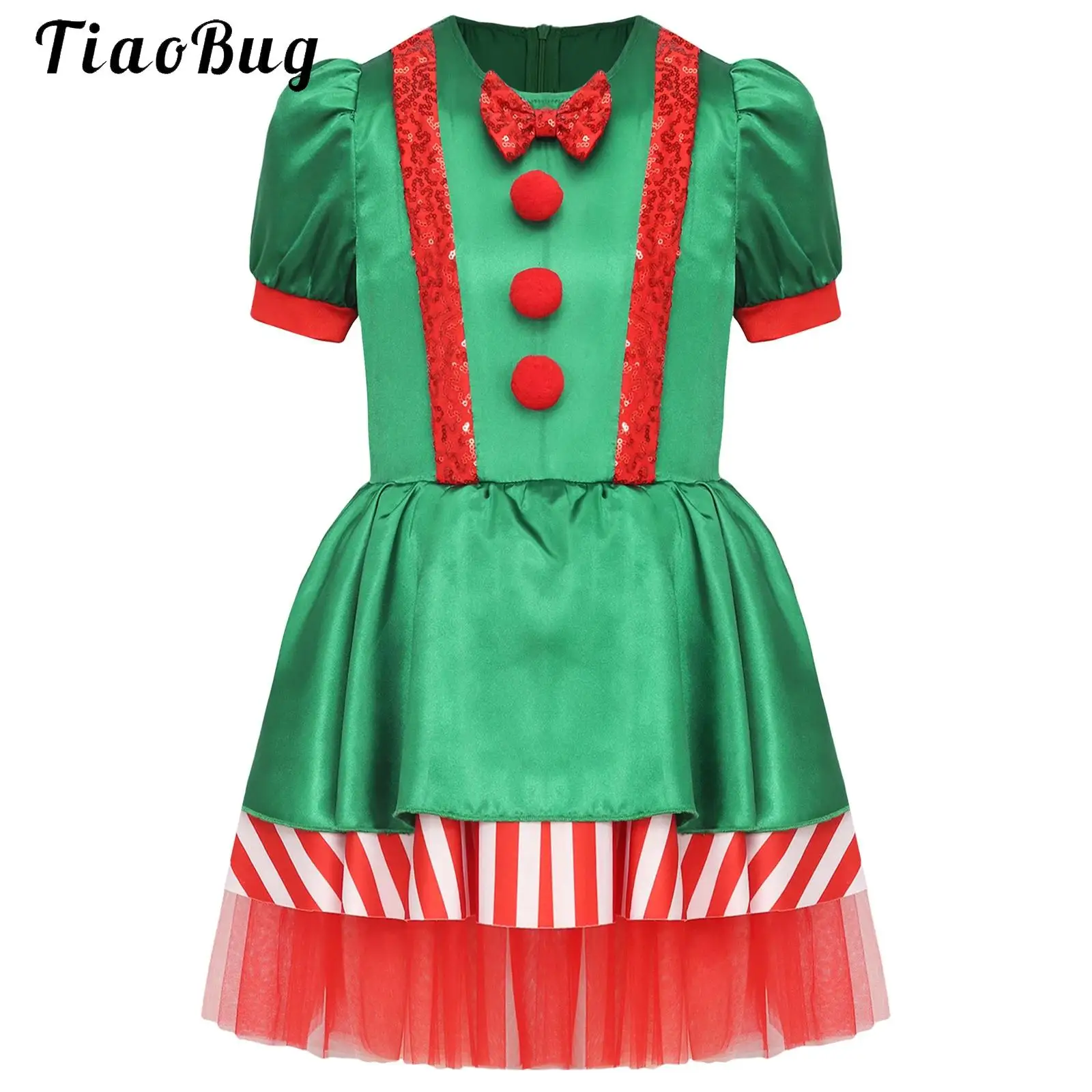 

Girls Christmas Fairy Elf Costume Green Satin Tutu Dress Candy Cane Striped Xmas Party Performance Ballet Leotard Dance Dress