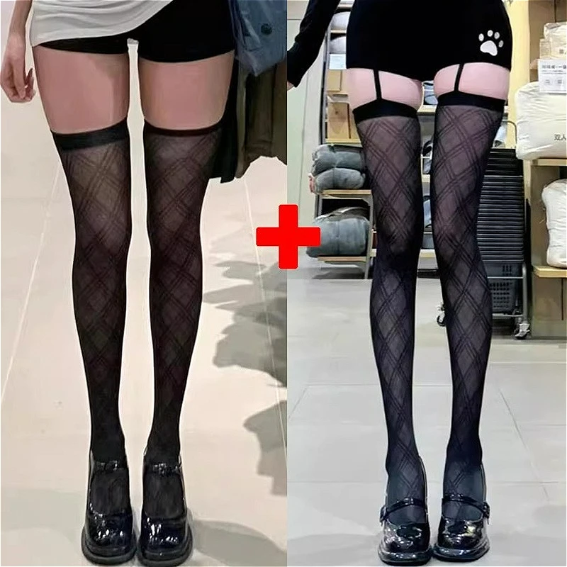 النساء Argyle نمط الحمالة واسعة النطاقات الجوارب لوليتا الفخذ العليا جوارب مع الأربطة Y2K JK كلية فوق جوارب طويلة