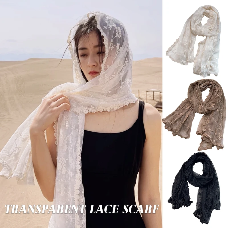 Versatile Vintage Hollow Lace Scarf Women's Shawl Scarf Transparent White Gauze Embroidered Thin Cotton and Linen Spring Autumn