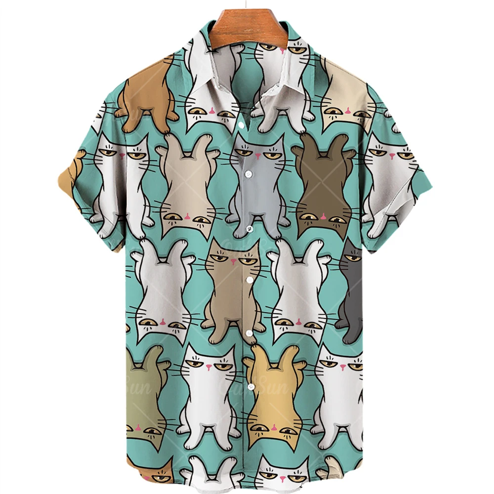 Summer Animal Hawaiian Collar Shirt Print Hip-hop Loose Short Sleeved Top Oversized Cartoon Clothes Casual Dress Vintage