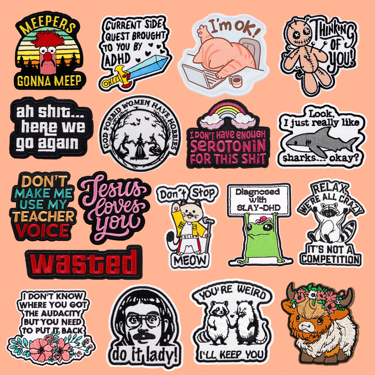 

Рабочая кошка, забавные цитаты с изображением Иисуса, значки для одежды, офисная вышивка, аппликация, нашивка, экологически чистая одежда, значки, подарки для друзей