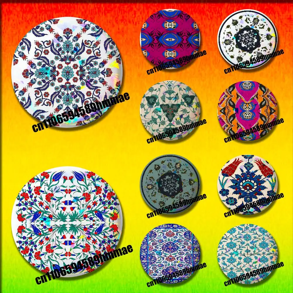 For Turkish Tile Watercolor Painting Iznik Tile Floral Prints Pins Insignia Badge Pin Cover Emblem Round Ornament 75mm Cosplay