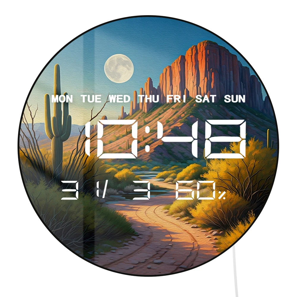 Full Moon Arizona Desert LED Digital Wall Clock with Calendar Temperature Botanical Southwestern Moonlit Electronic Wall Clock