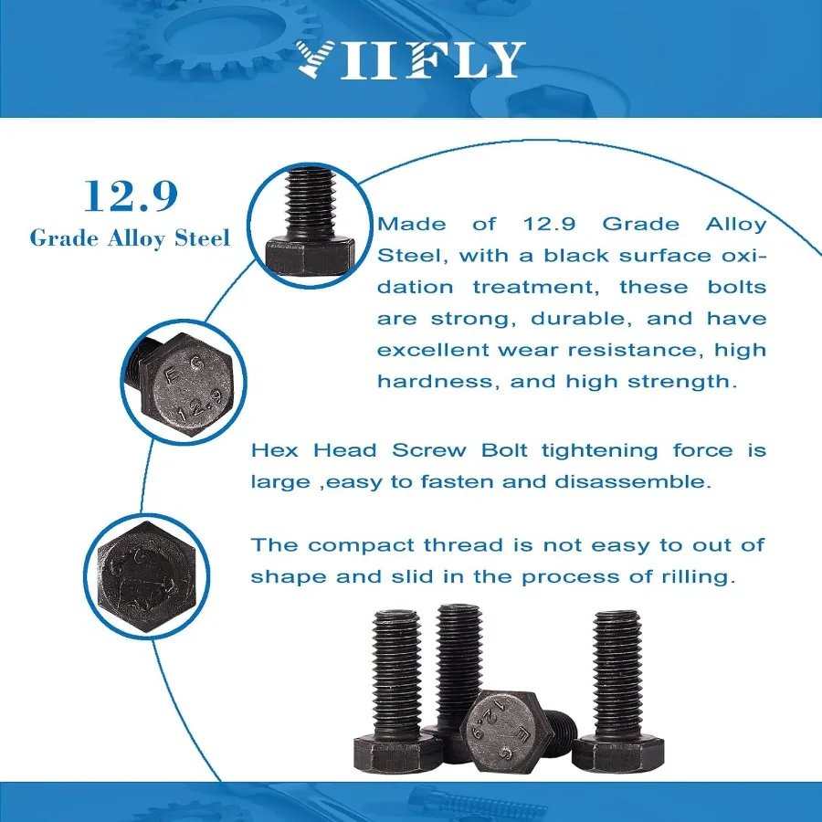 Viti esagonali M10x 20mm M10 Bulloni Bullone M10x1.5 Bulloni esagonali in acciaio legato di grado 12.9 Finitura all'ossido nero Filettatura completa Quantità 10