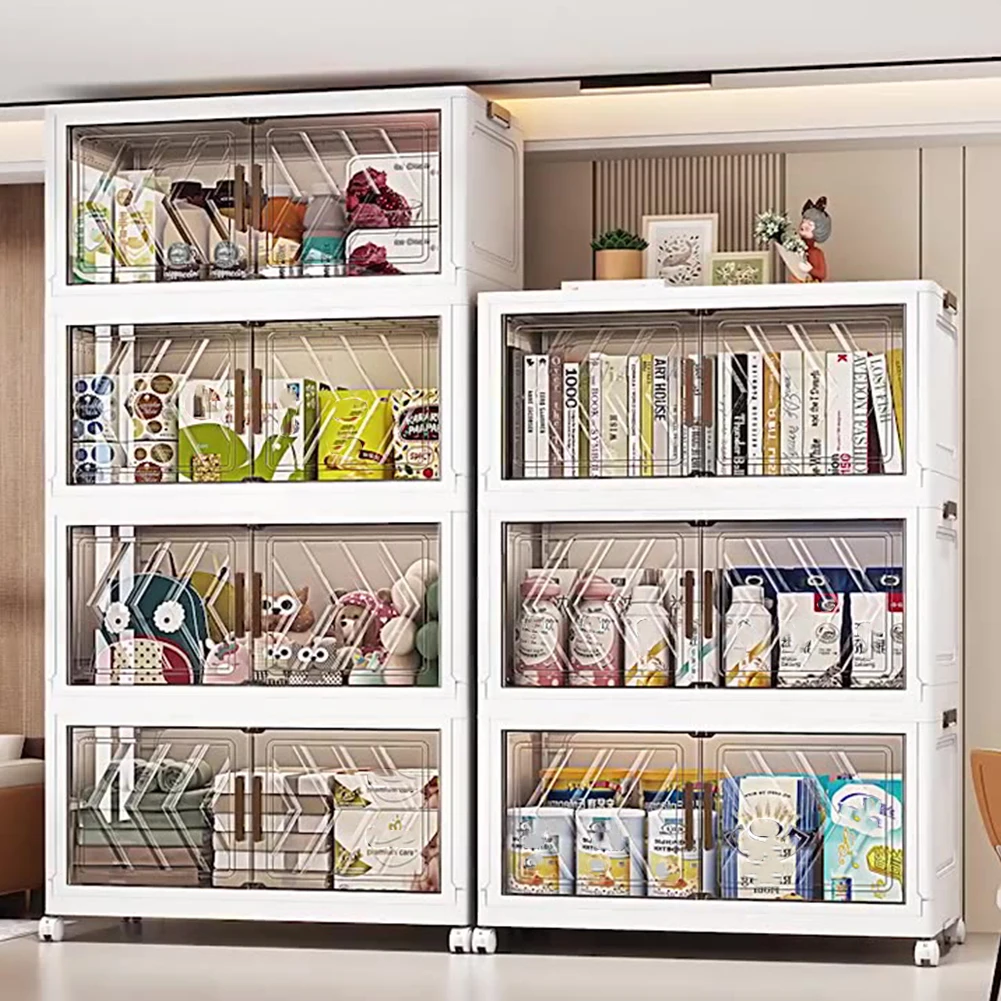 4 Tier Folding Storage Cabinet Plastic Stackable Storage Containers Organization Installation-Free Home Living Room Sundries Bin 2
