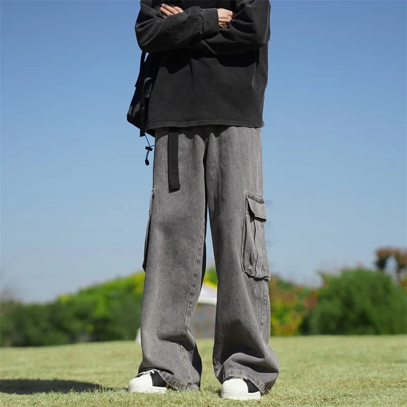 Solidne dżinsy w stylu Harajuku Hip-hopowe w stylu Vintage pantalon duże kieszenie homme szerokie nogawki workowate dżinsy mężczyzn Streetwear