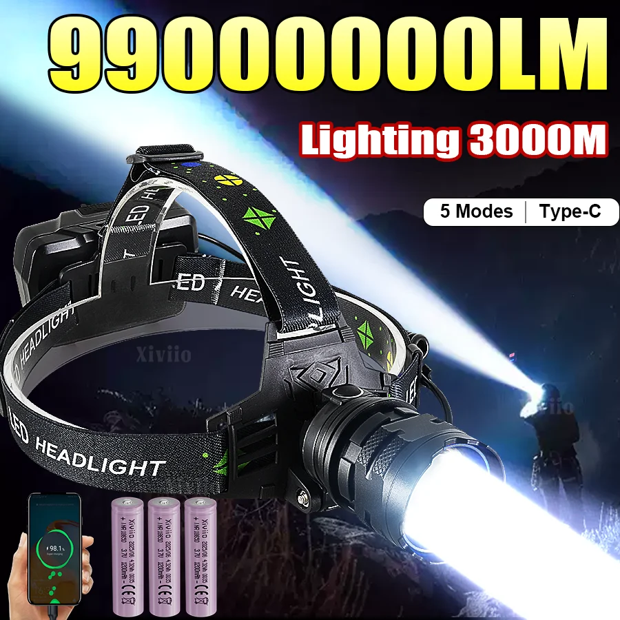 

99000000LM Powerful Headlamp Portable Rechargeable Lamp Super Powerful Head Flashlight Long Range LED Headlamp For Fishing