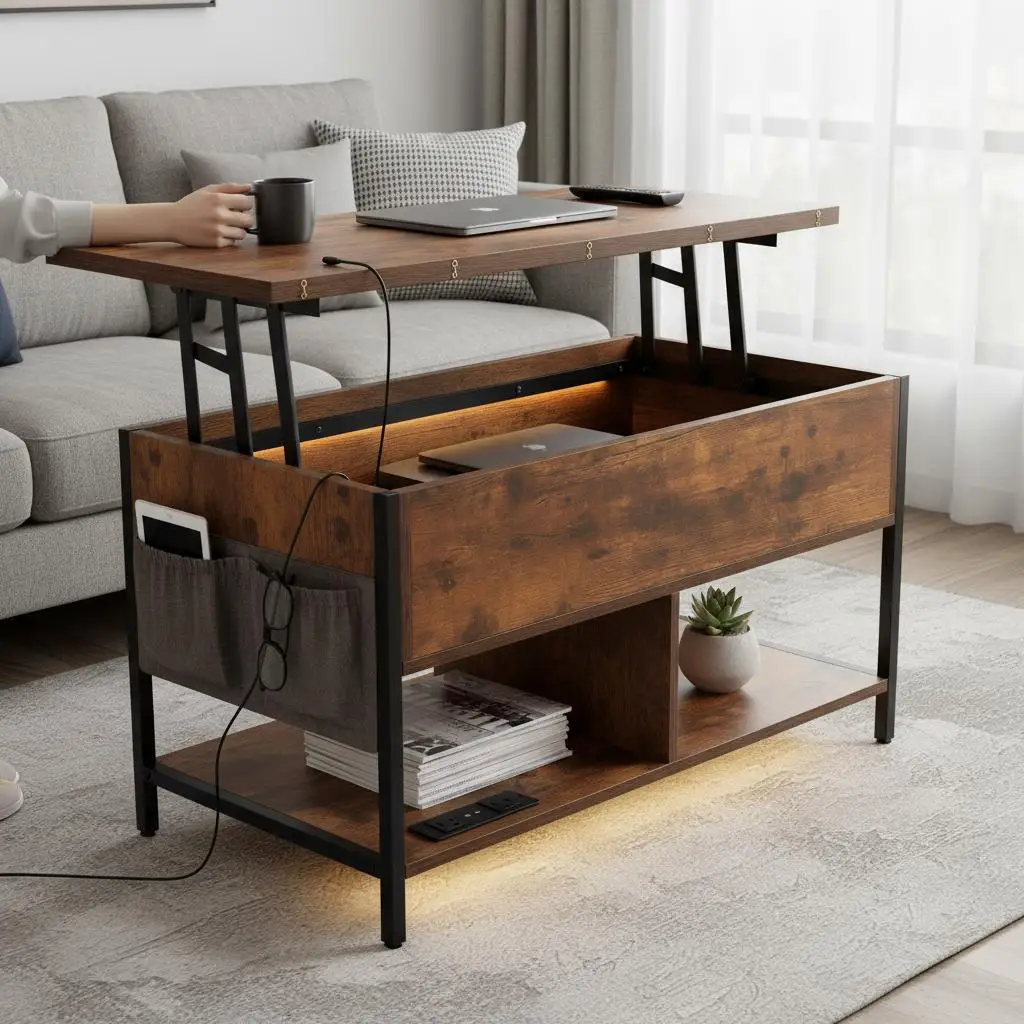 

Высокий центральный стол 39,4 дюйма, прямоугольный, для гостиной, зоны приема гостей, офиса, со скрытым отделением, боковым карманом, светодиодной подсветкой, модель C