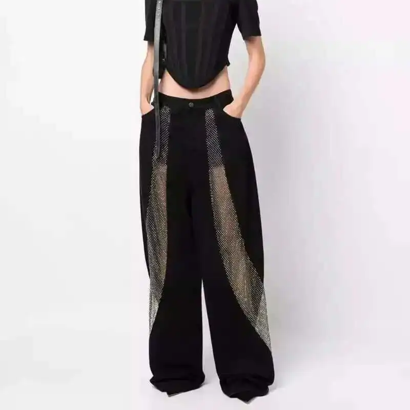 HKSH 여성 조수 트렌디 한 새로운 속이 빈 그리드 다이아몬드 스플 라이스 청바지 워시 디스트레스드 하이 웨이스트 와이드 레그 데님 바지 H2805