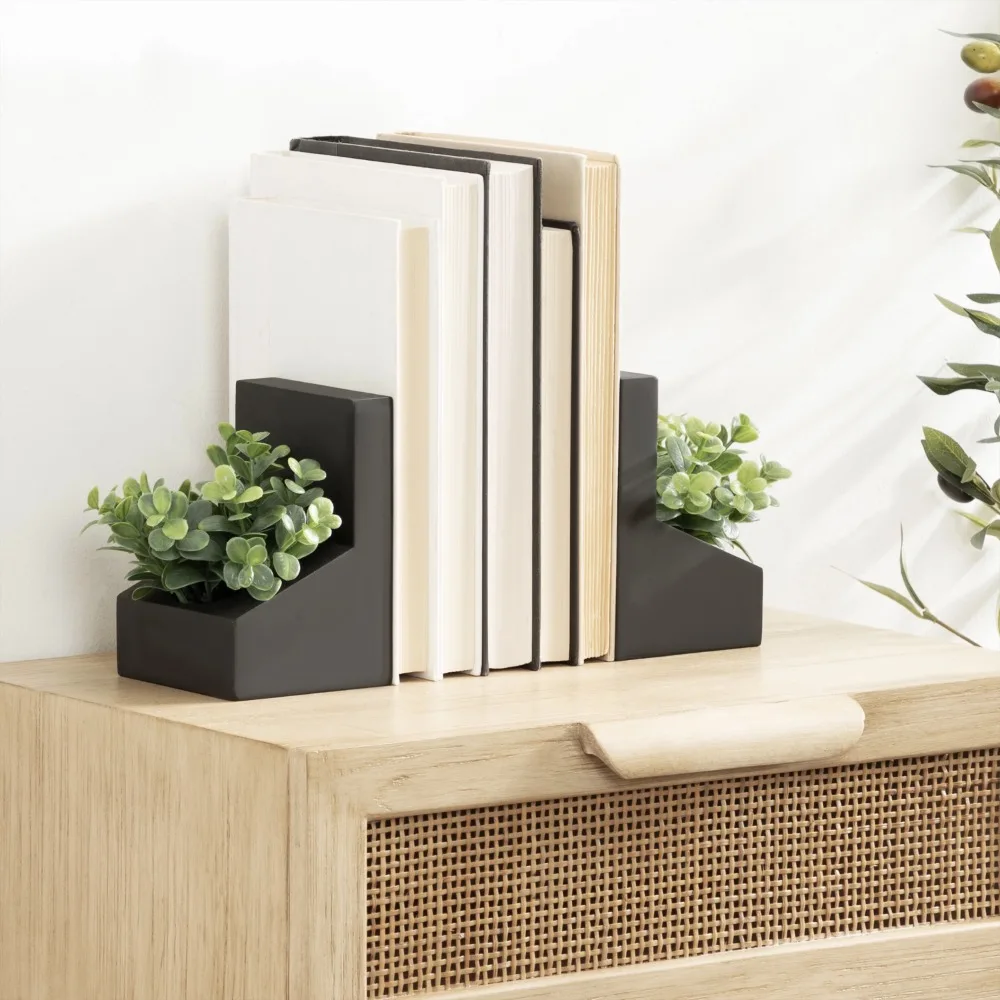 

Modern Angled Faux Eucalyptus Black Cement Planter Bookends