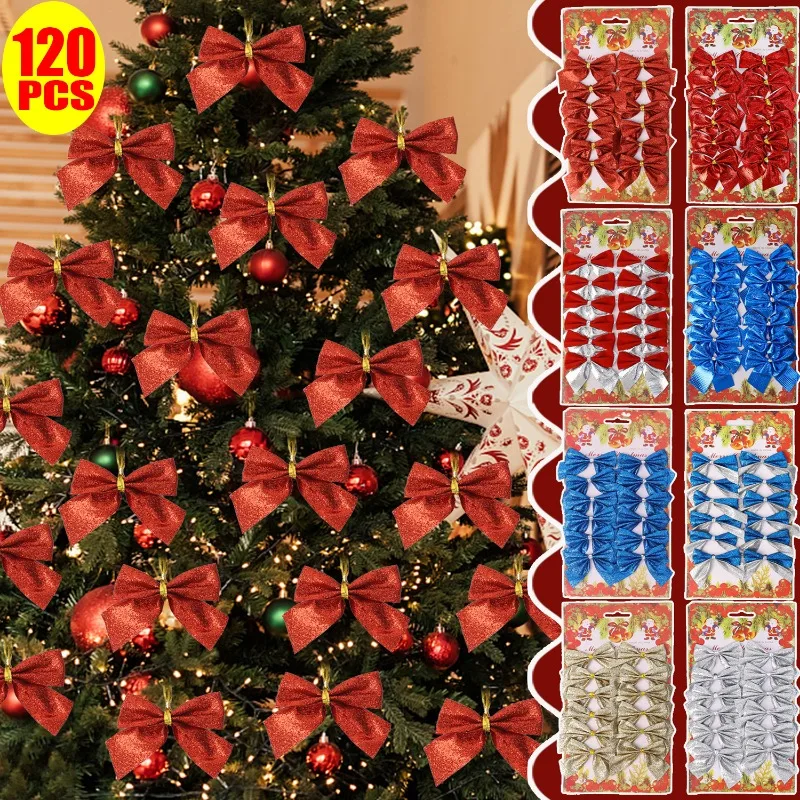 12/120pcs Christmas Bow Pendant Red Gold Xmas Tree Bowknot Pendant Ornaments for Home Decor New Year Party Gifts Decoration