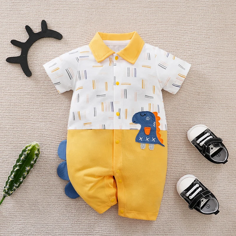 Summer Newborn Boys And Girls Cute Cartoon Dinosaur Patch Embroidered Cotton Comfortable Casual Baby Short Sleeve Bodysuit