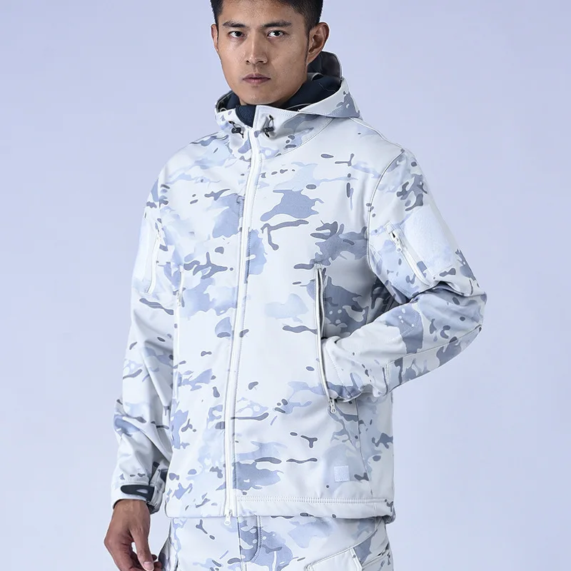 

Military Men's Snow Camo Shark Skin Softshell Jacket & Pants Set, Winter Fleece Lined Tactical Suit, Waterproof Zipper Coat