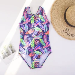 New Stretchy Summer Surf Girls One Piece Swimwear Swimsuit Leaf Print Children Girls Kids Vacation Beachwear Bathing Suit