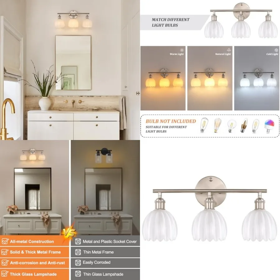 Bathroom Light Fixtures, Vanity wall Light Over Mirror with White Tulip Glass Shade for Bedroom Living Room Bulb Not Included,S