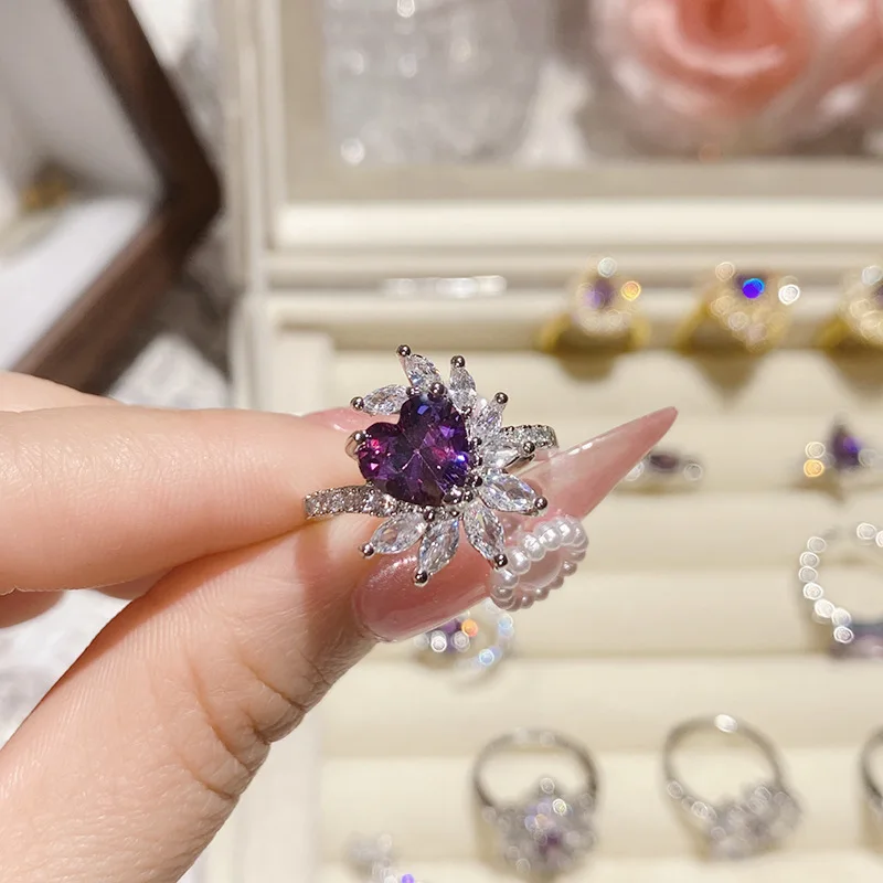Adjustable Rings for Women Created Amethyst Fine Jewelry Sparkling Purple Diamand Silver Color Engagement Party Accessories
