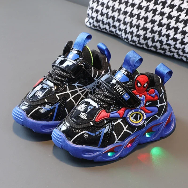 Disney Children's Sneakers Boys Cartoon Spiderman Led Light Sport Shoes Student Shoes Hook Anti-slip Kids Outdoor Shoes