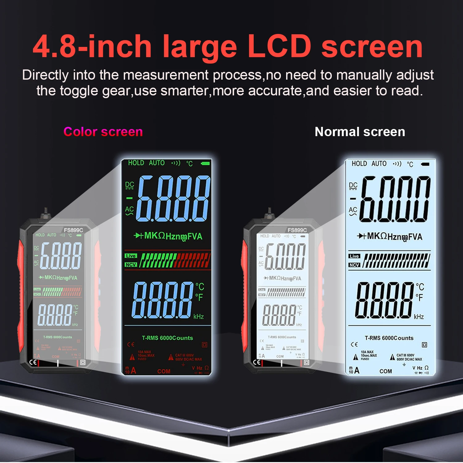 FS899C Rechargeable 4.8 Inch Large Screen 6000 Counts Smart Digital Multimeter Auto-Ranging Capacitance Ohm Hz Diode Live Check