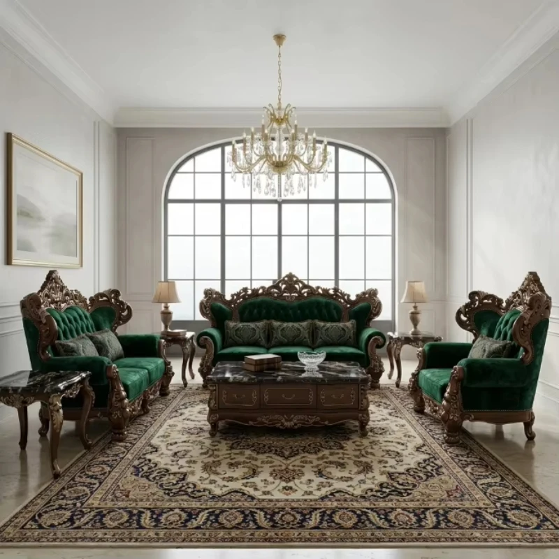 

Royal green velvet sofa French solid wood frame hand-carved luxury living room furniture set wholesale