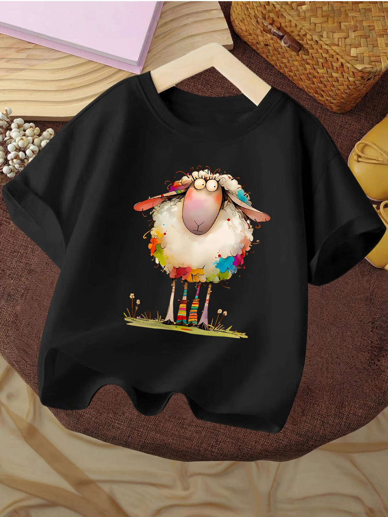 Colorful Cute Cartoon Sheep Watercolor Animal Graphic Print T Shirt Family Matching Boys Girls Kids Casual Short Sleeve Tops