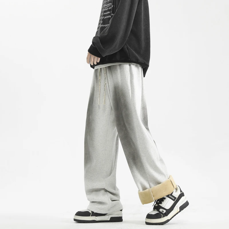 だぶだぶのパンツ男性パンツ黒カジュアルズボン弾性ウエスト冬フリースルーズフィットハイストリートトレンディメンズファッション
