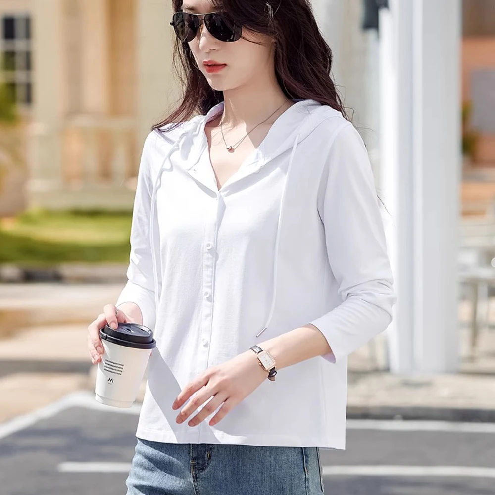 Cotton hooded T-shirt for women long sleeved loose casual top with cap spring and autumn thin design can be worn as a base coat