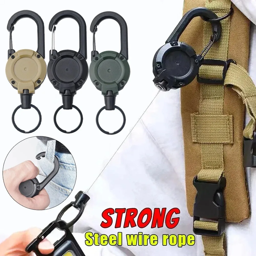 Heavy Duty Retractable Carabiner Easy-topull Keychain Steel Cable Holder Reel for Outdoor Tactical Cord ID Badge Clip Multi-Tool