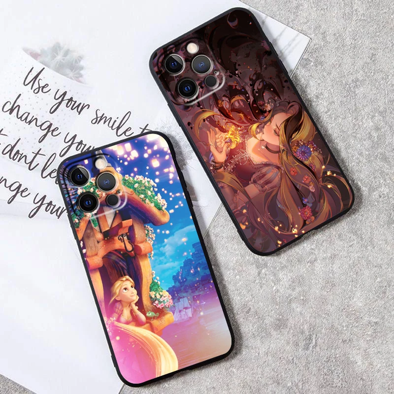 Disney Le Pei Tangled For iPhone 15 14 13 12 11 XS XR X 8 7 SE Pro Max Plus Mini Black Soft Phone Case