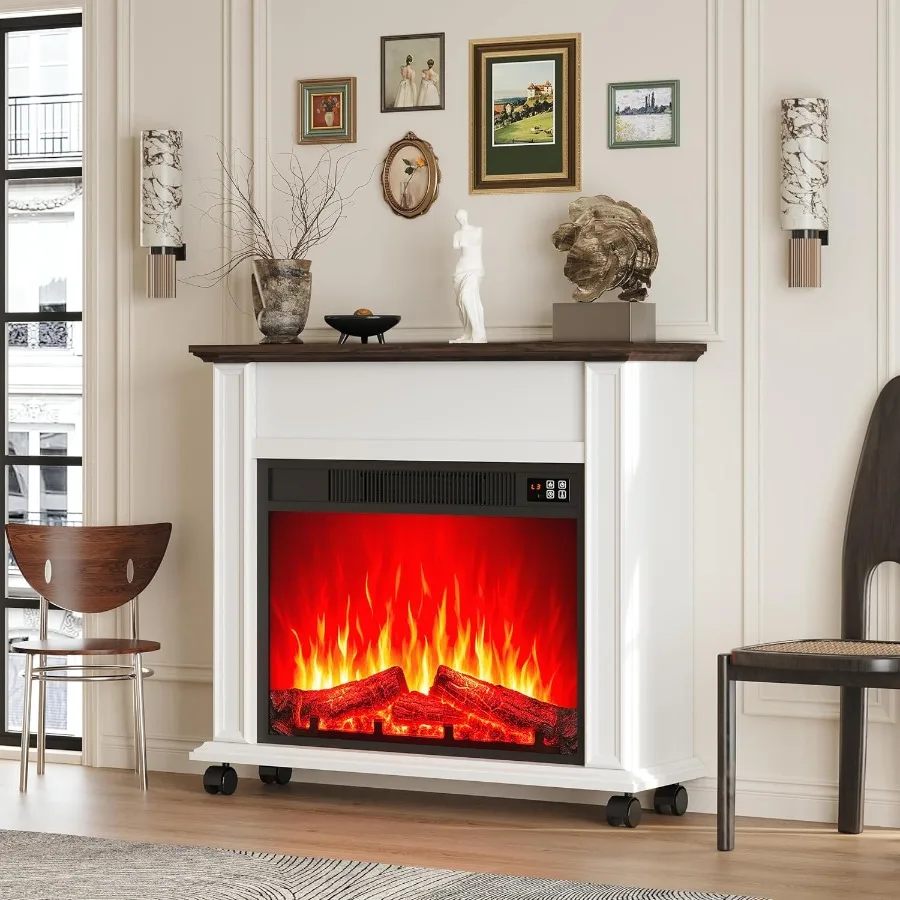 مدفأة كهربائية مع رف المزرعة، مواقد كهربائية، حامل تلفزيون، مدفأة بيضاء، مركز ترفيه مع سخان 23 بوصة