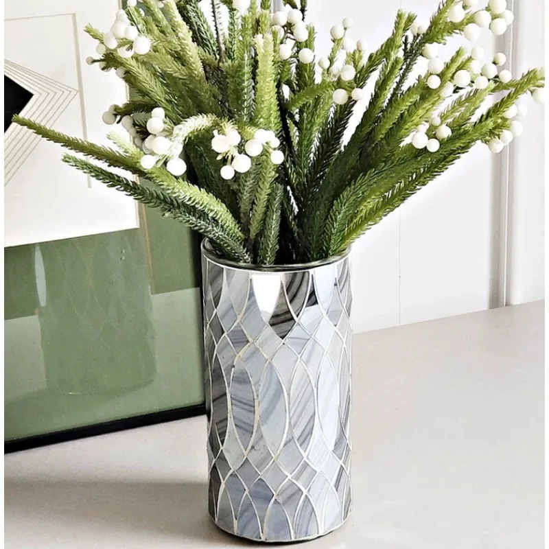 

Handmade Mosaic Straight Glass Vase, Silver White Curve, Home Juke Restaurant Decoration, DIY Fashion, New