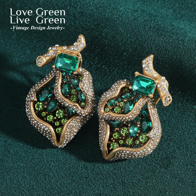

Vintage Green Crystal Stud Earring Leaf Gold Color Rhinestone Luxury Jewelry Designer Retro Plant For Woman Accessories Party