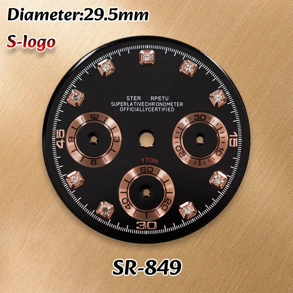 ساعة S Logo 29.5mm VK63 Panda Sunray Diamond Dial للرجال - ملحقات تعديل الساعة المضيئة باللون الأخضر